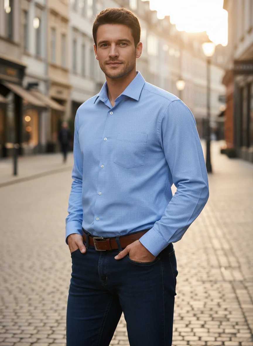 Men’s Premium Light Blue Cotton Textured Shirt – Regular Fit | Full Sleeve alternate view