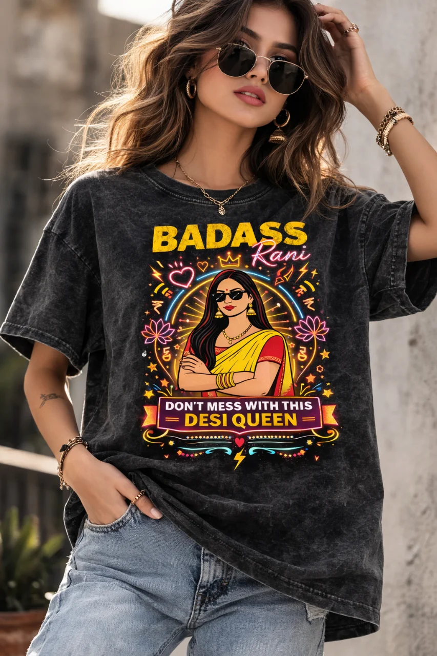Badass Rani Acid Wash Black Graphic Printed Cotton Oversized T-Shirt for Women