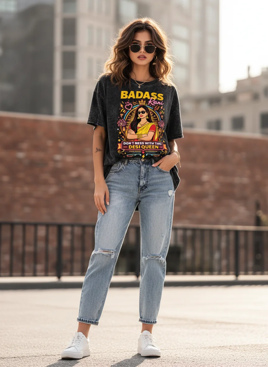 Badass Rani Acid Wash Black Graphic Printed Cotton Oversized T-Shirt for Women - View 5