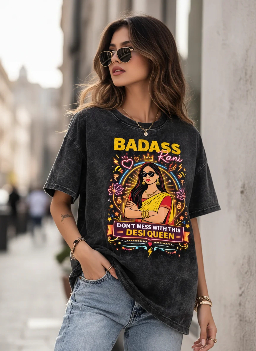 Badass Rani Acid Wash Black Graphic Printed Cotton Oversized T-Shirt for Women - View 4