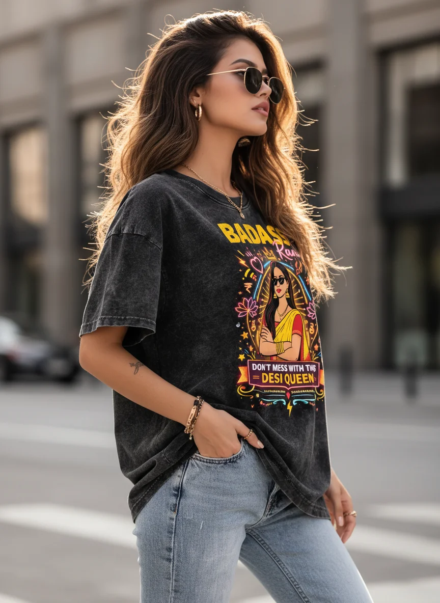 Badass Rani Acid Wash Black Graphic Printed Cotton Oversized T-Shirt for Women - View 3