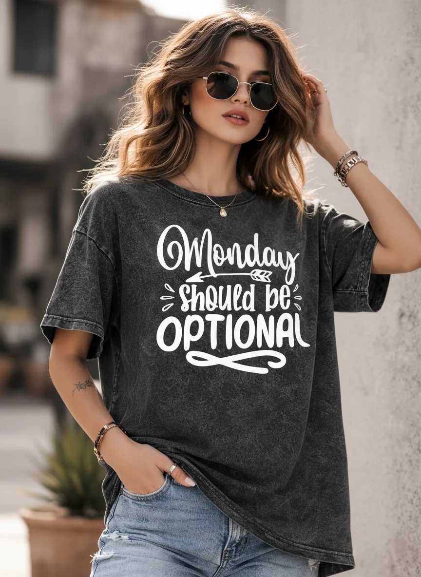 Monday Should Be Optional Acid Wash Black Graphic Printed Cotton Oversized T-Shirt for Women - View 3