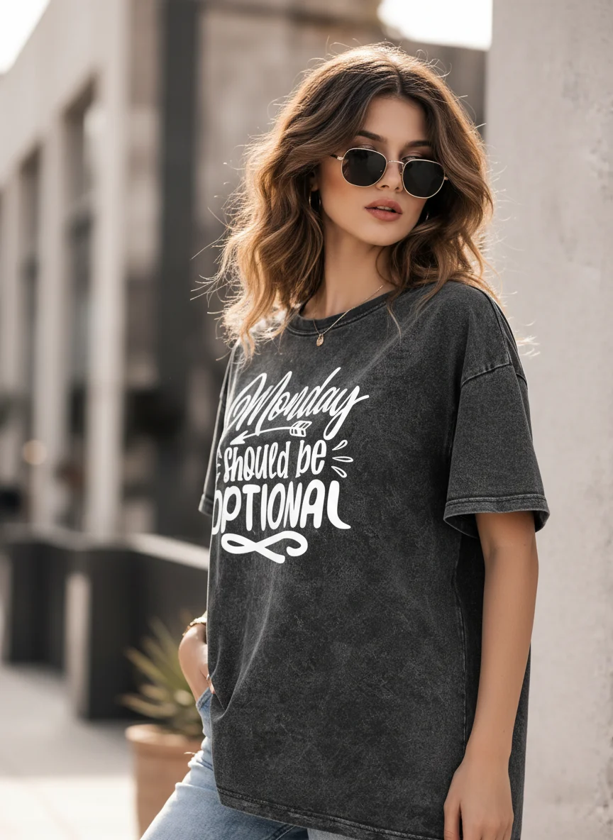 Monday Should Be Optional Acid Wash Black Graphic Printed Cotton Oversized T-Shirt for Women alternate view