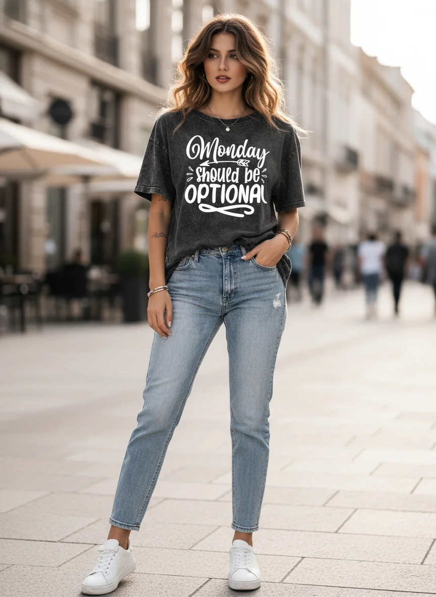 Monday Should Be Optional Acid Wash Black Graphic Printed Cotton Oversized T-Shirt for Women - View 5