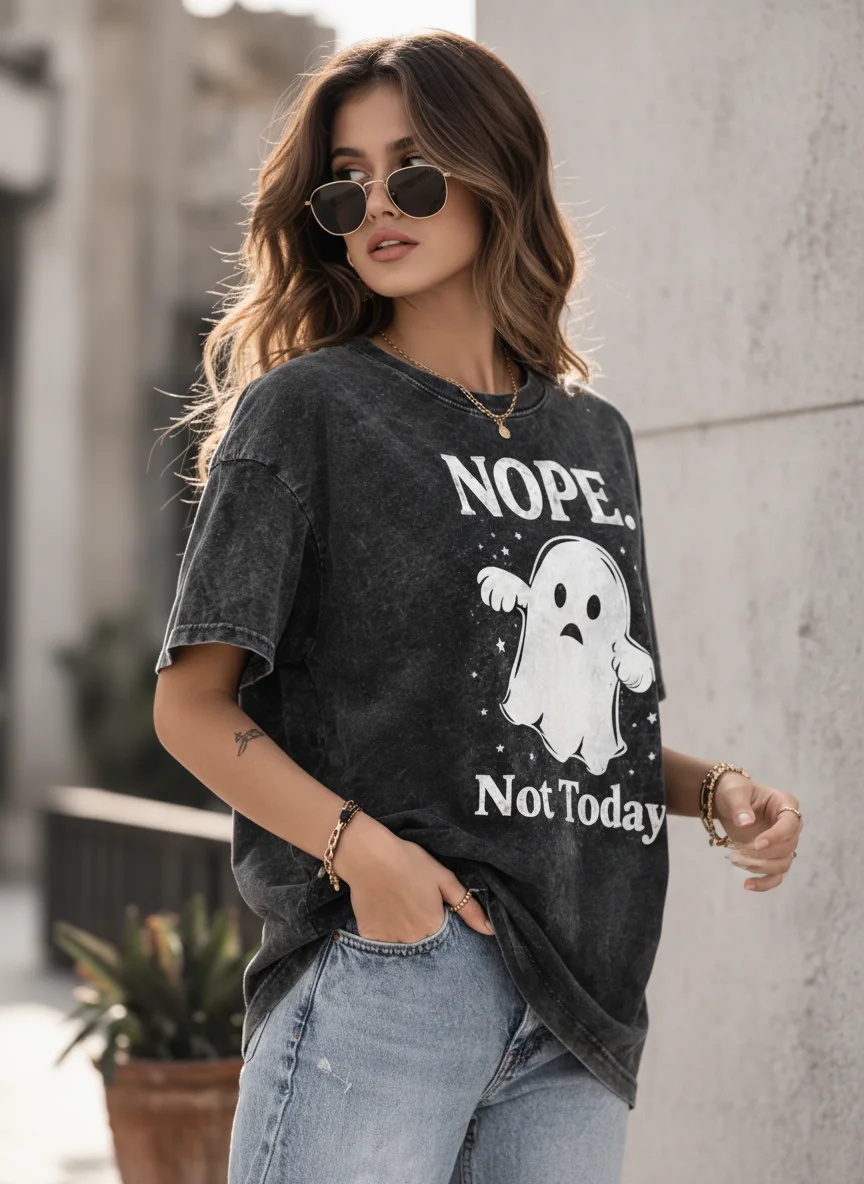 NOPE Not Today Acid Wash Black Graphic Printed Cotton Oversized T-Shirt for Women - View 4