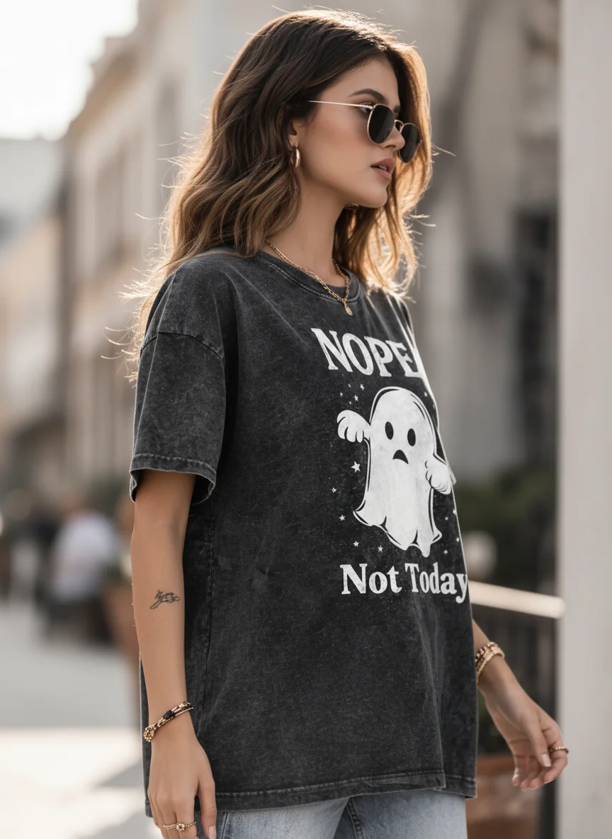 NOPE Not Today Acid Wash Black Graphic Printed Cotton Oversized T-Shirt for Women - View 3