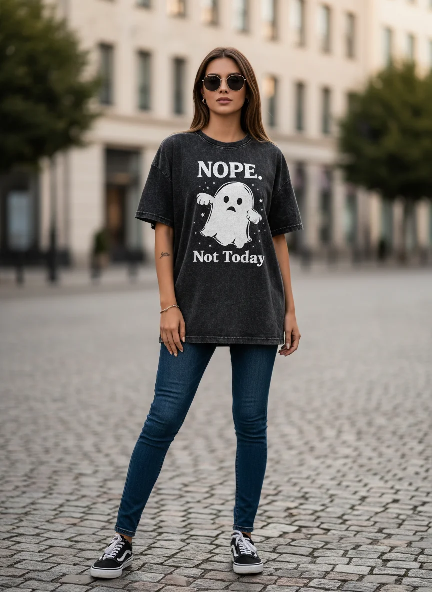 NOPE Not Today Acid Wash Black Graphic Printed Cotton Oversized T-Shirt for Women - View 5