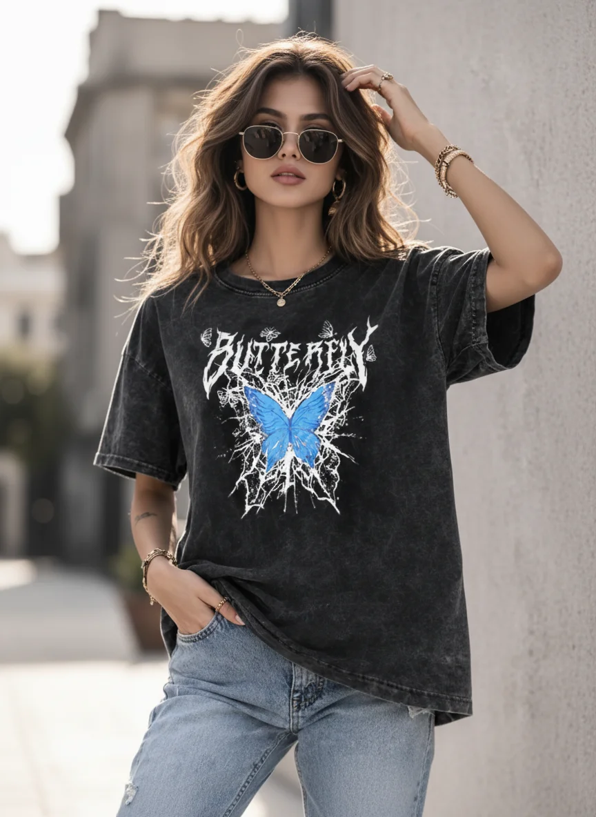 Butterfly Acid Wash Black Graphic Printed Cotton Oversized T-Shirt for Women