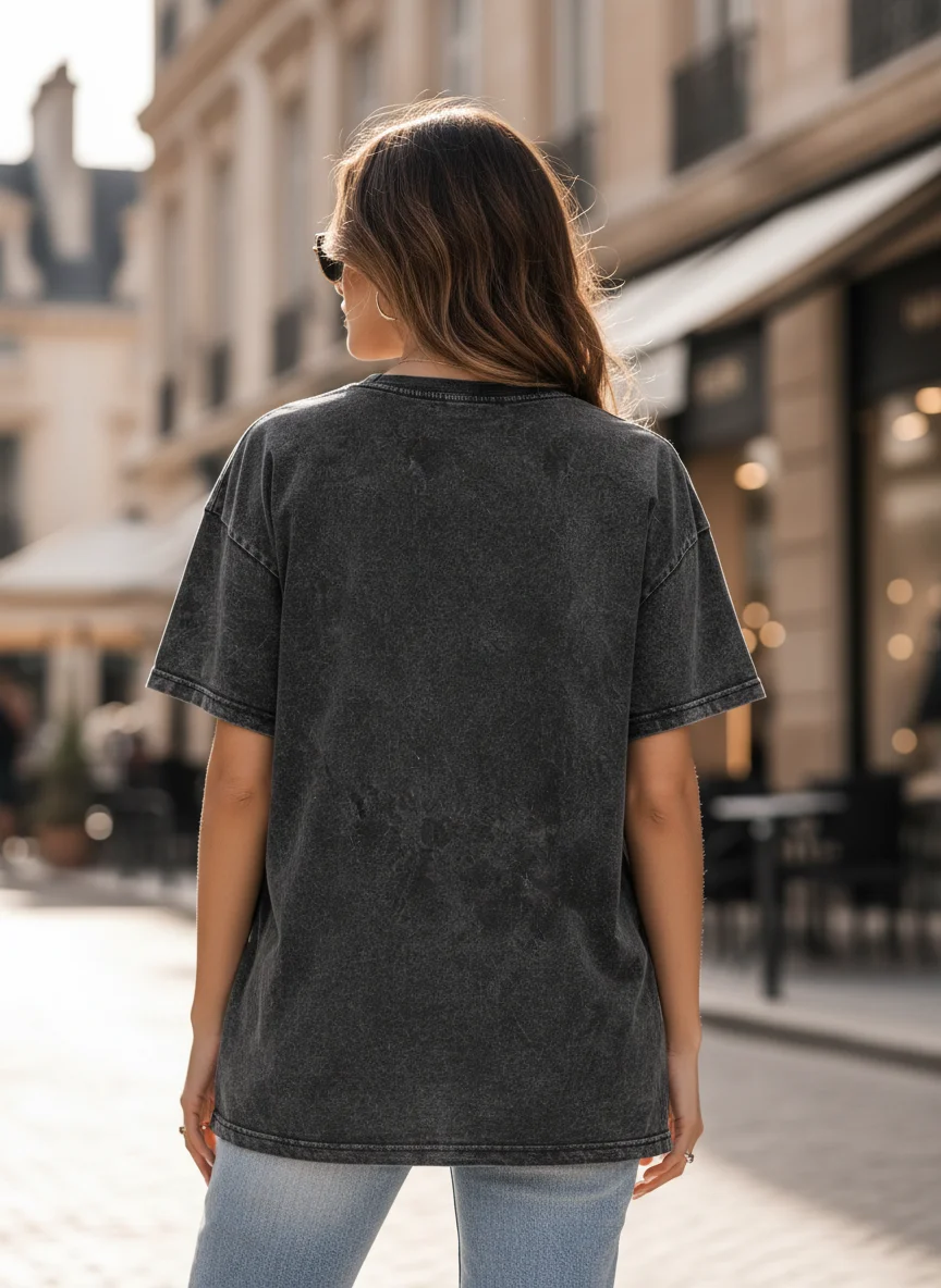 Butterfly Acid Wash Black Graphic Printed Cotton Oversized T-Shirt for Women alternate view