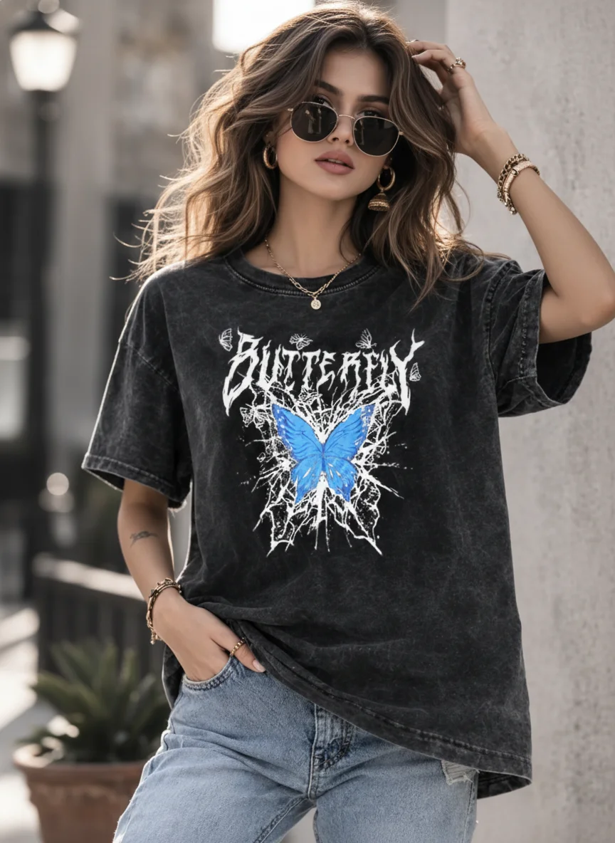 Butterfly Acid Wash Black Graphic Printed Cotton Oversized T-Shirt for Women - View 4