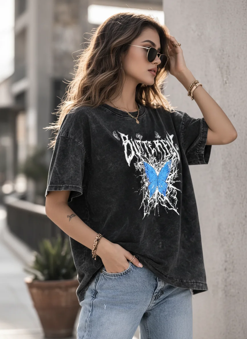 Butterfly Acid Wash Black Graphic Printed Cotton Oversized T-Shirt for Women - View 3