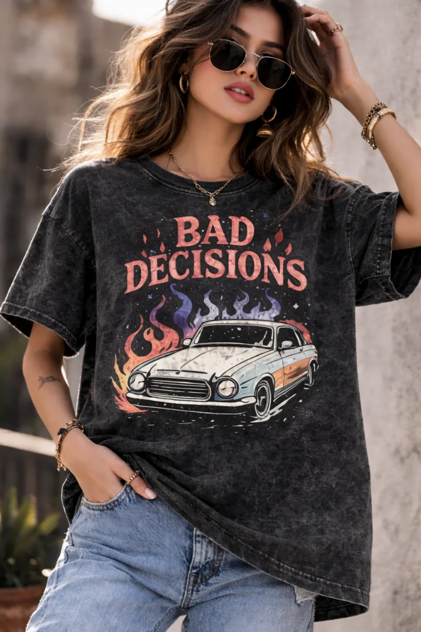 Bad Decisions Acid Wash Black Graphic Printed Cotton Oversized T-Shirt for Women
