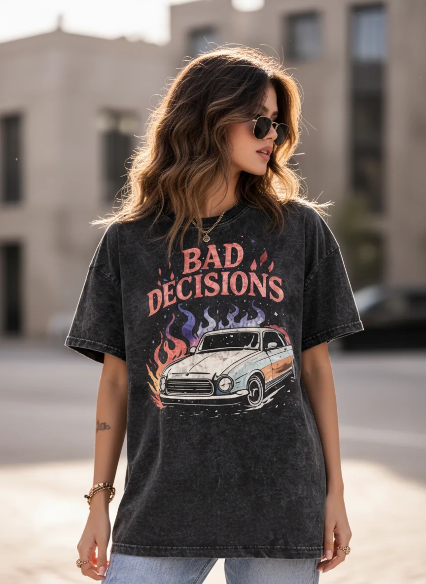 Bad Decisions Acid Wash Black Graphic Printed Cotton Oversized T-Shirt for Women - View 4