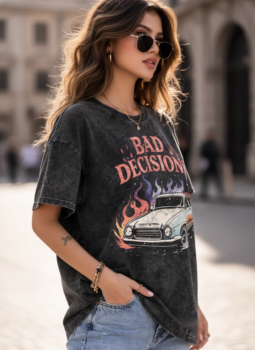 Bad Decisions Acid Wash Black Graphic Printed Cotton Oversized T-Shirt for Women - View 5