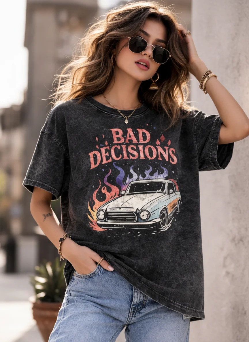 Bad Decisions Acid Wash Black Graphic Printed Cotton Oversized T-Shirt for Women - View 3