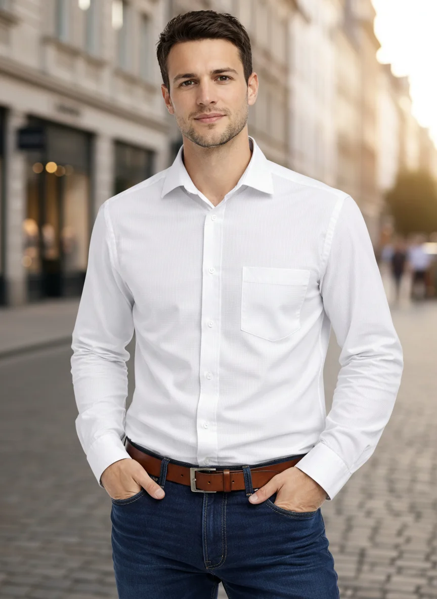Men’s Premium Light White Cotton Textured Shirt – Regular Fit | Full Sleeve