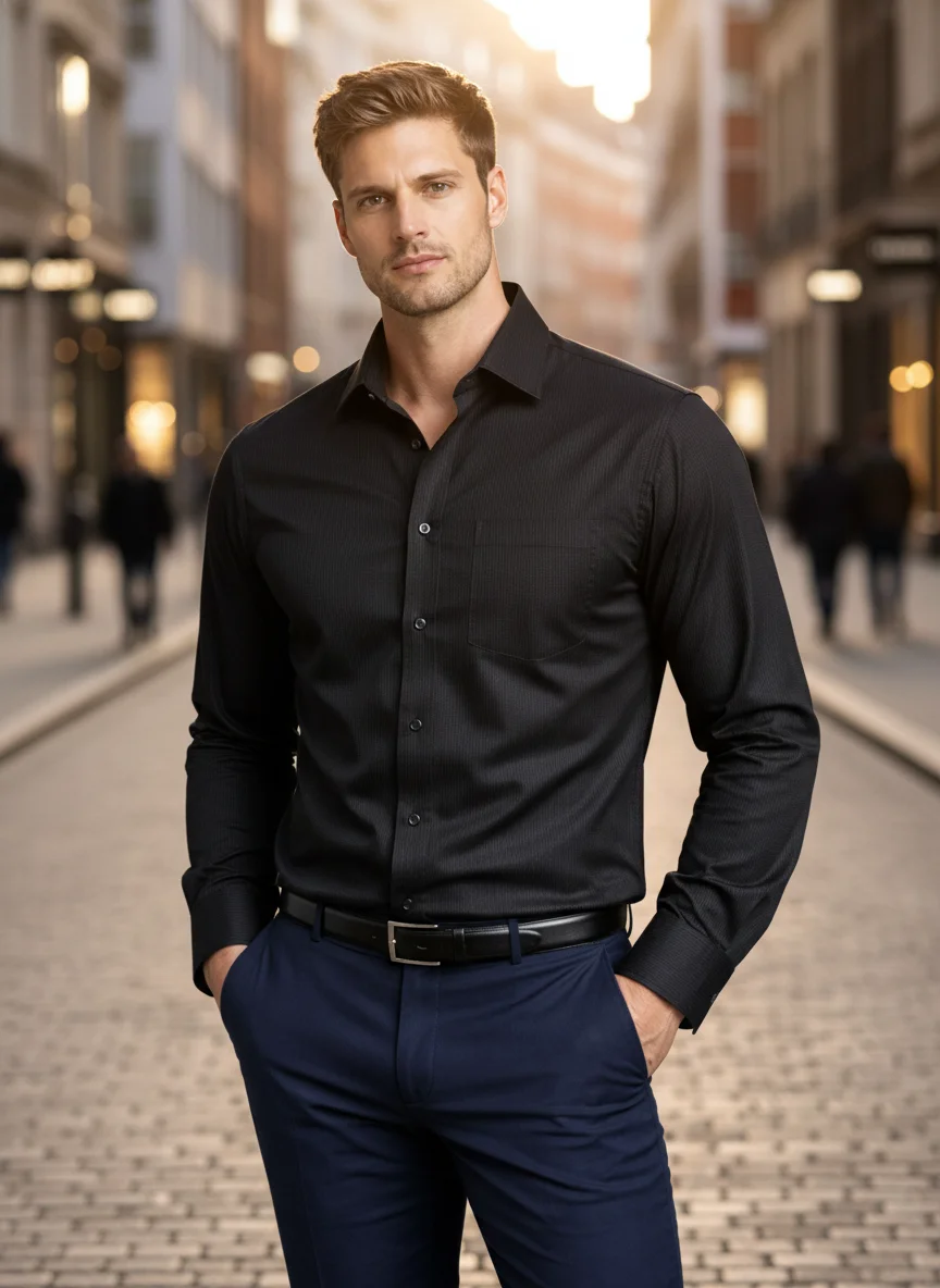 Men’s Premium Black Cotton Textured Shirt – Regular Fit | Full Sleeve