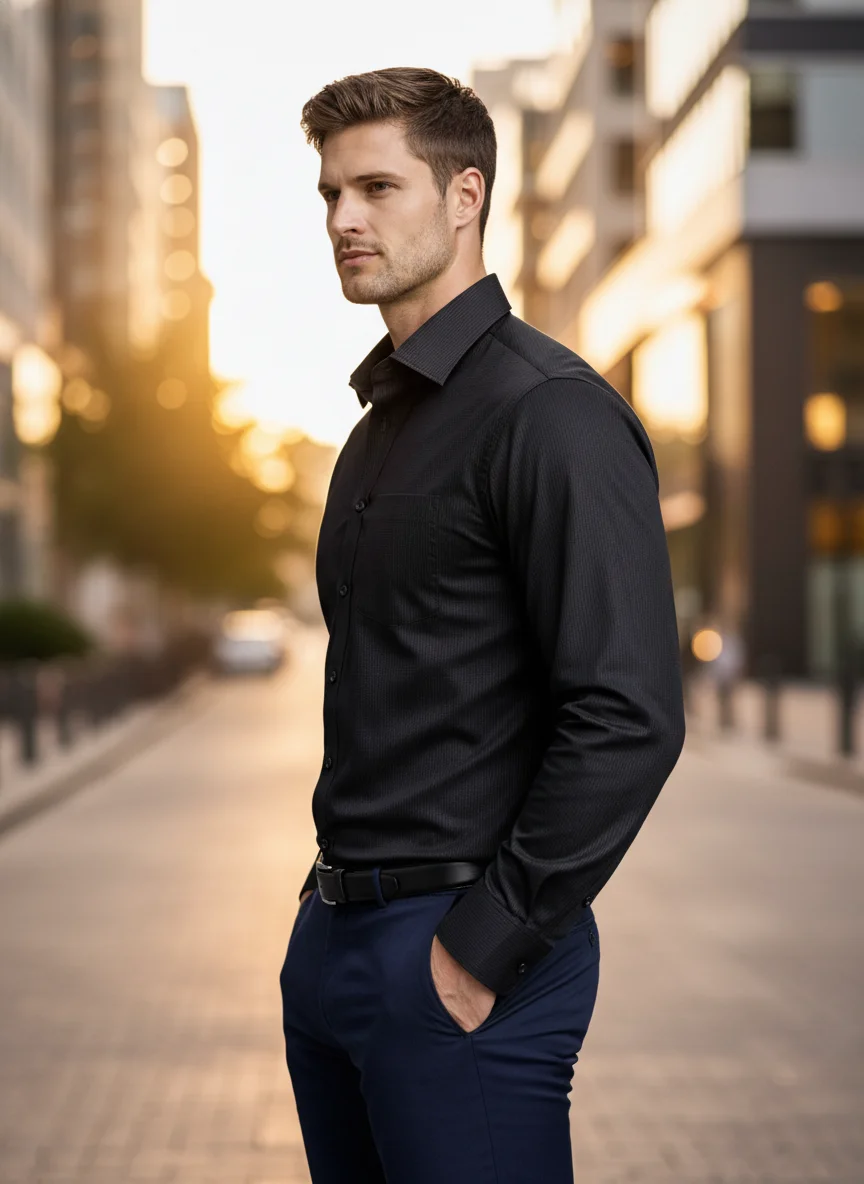 Men’s Premium Black Cotton Textured Shirt – Regular Fit | Full Sleeve - View 4