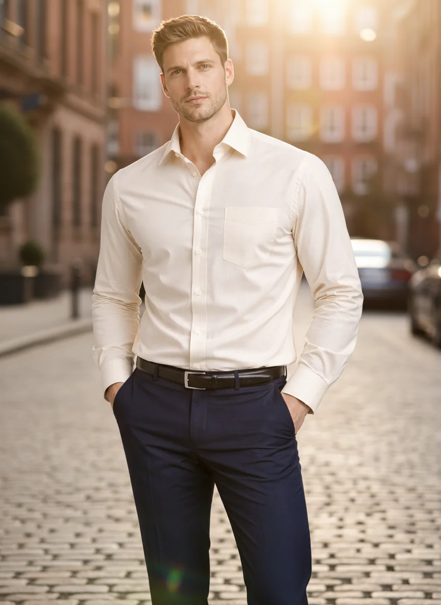 Men’s Premium Cream / Ivory Shirt Cotton Textured Shirt – Regular Fit | Full Sleeve
