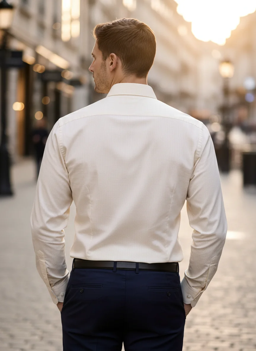 Men’s Premium Cream / Ivory Shirt Cotton Textured Shirt – Regular Fit | Full Sleeve - View 3
