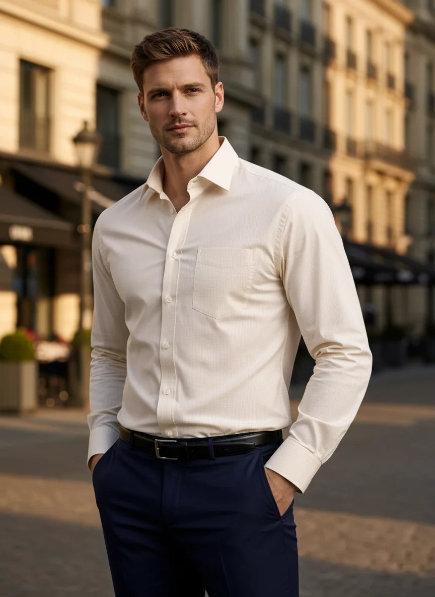 Men’s Premium Cream / Ivory Shirt Cotton Textured Shirt – Regular Fit | Full Sleeve alternate view