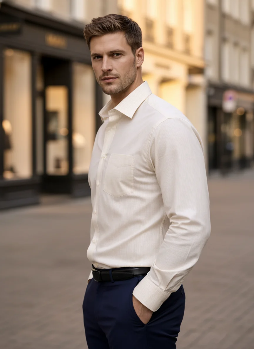 Men’s Premium Cream / Ivory Shirt Cotton Textured Shirt – Regular Fit | Full Sleeve - View 5