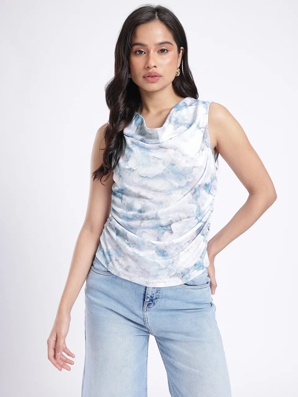 Women Floral Printed Cowl Neck Sleeveless Top