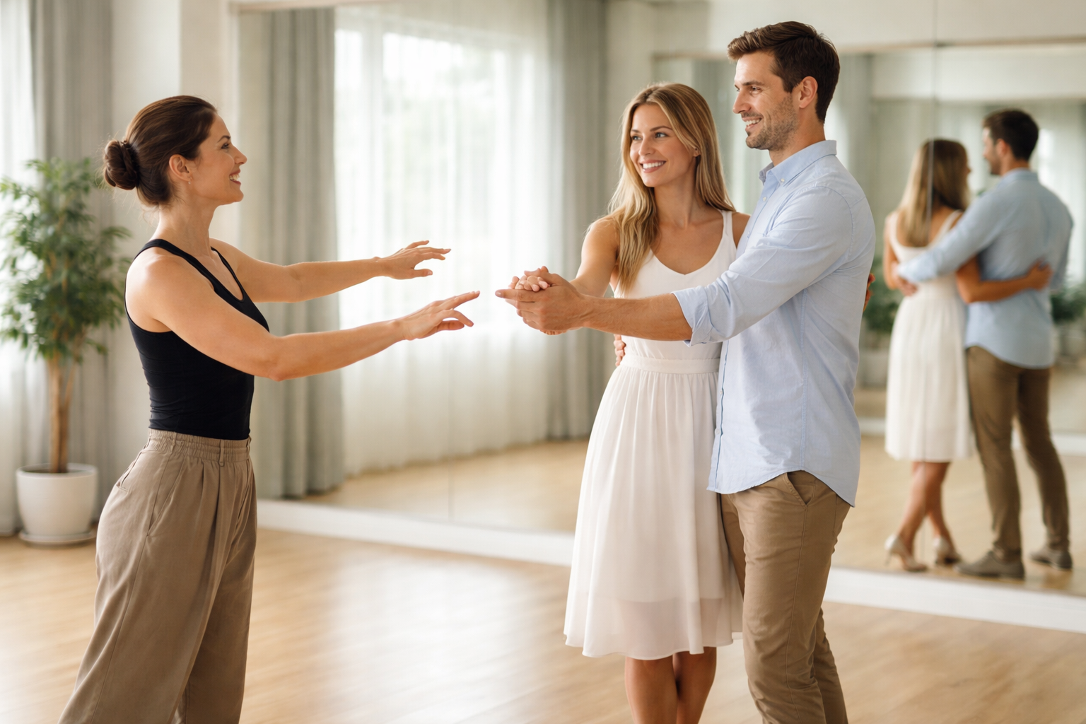 Para ustala plan nauki pierwszego tańca z instruktorem w sali tanecznej