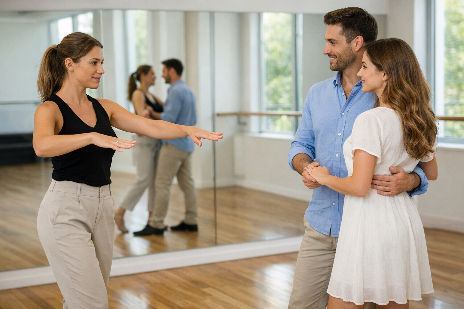 Para ćwiczy prosty układ pierwszego tańca w jasnej sali tanecznej