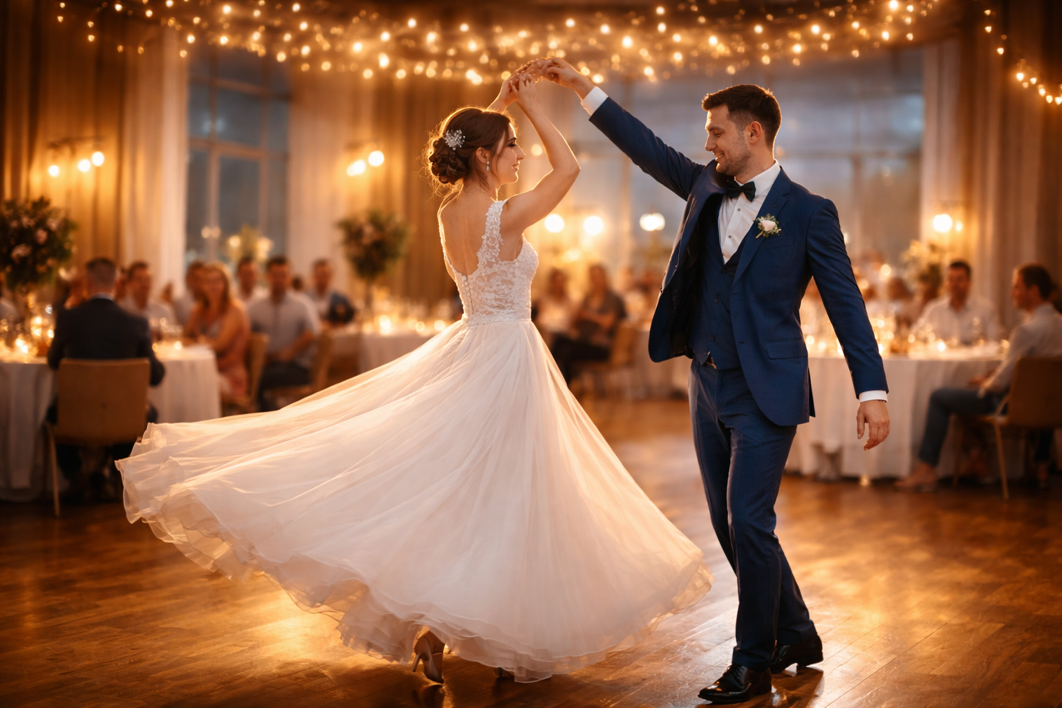 Romantyczny pierwszy taniec pary młodej podczas wesela