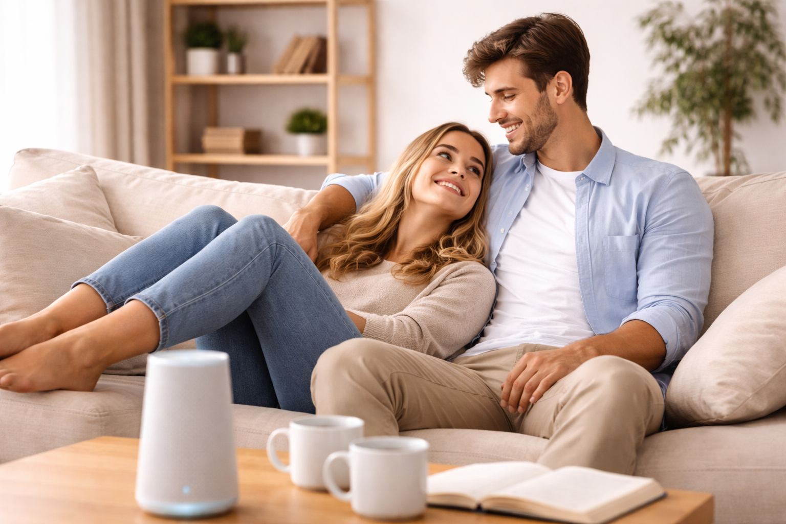 Para siedząca na kanapie słuchająca muzyki