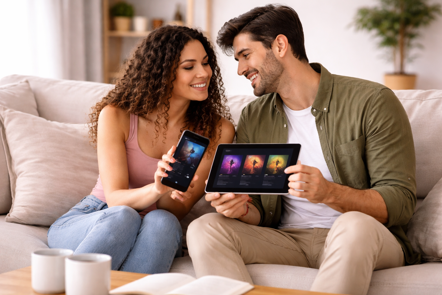 Para wybierająca muzykę do pierwszego tańca na kanapie