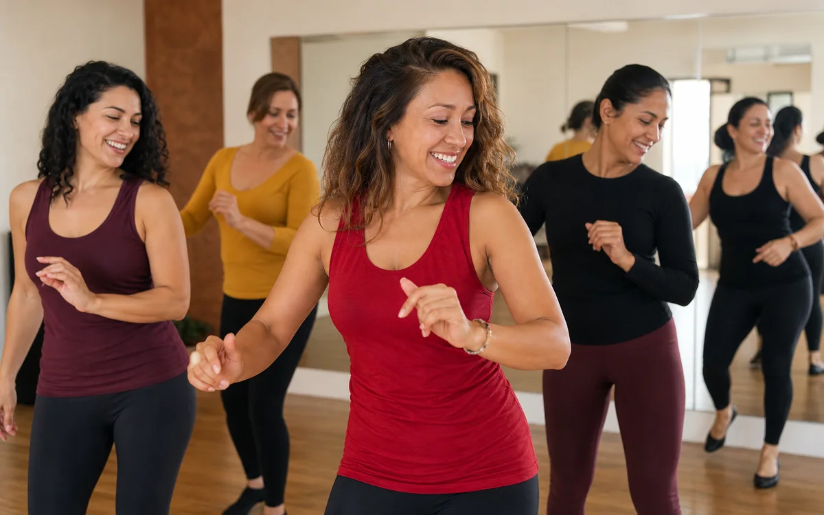 Energetyczna grupa kobiet tańczących choreografię Solo Latino w jasnej sali