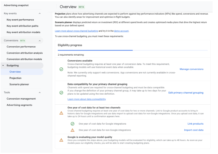 Requirements check for Cross-channel budgeting