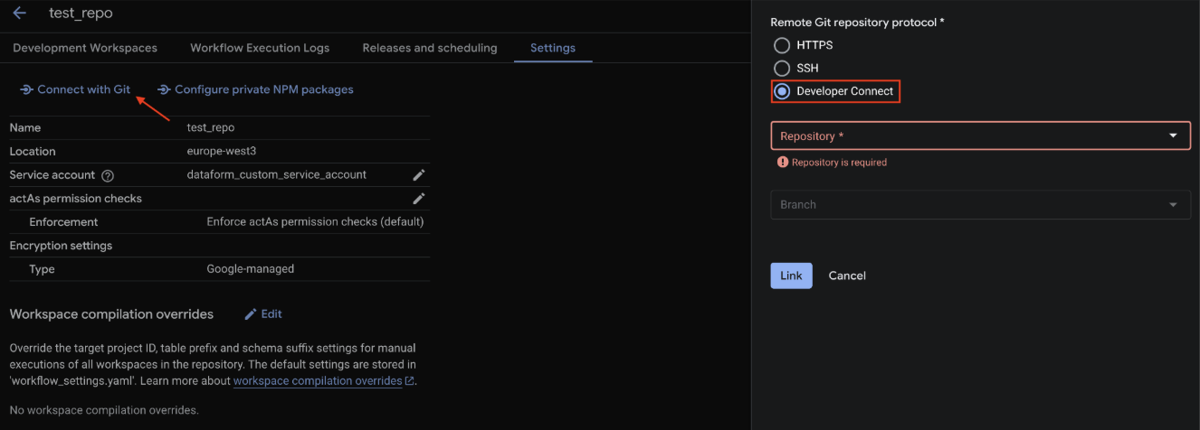 Using Developer Connect as connection method