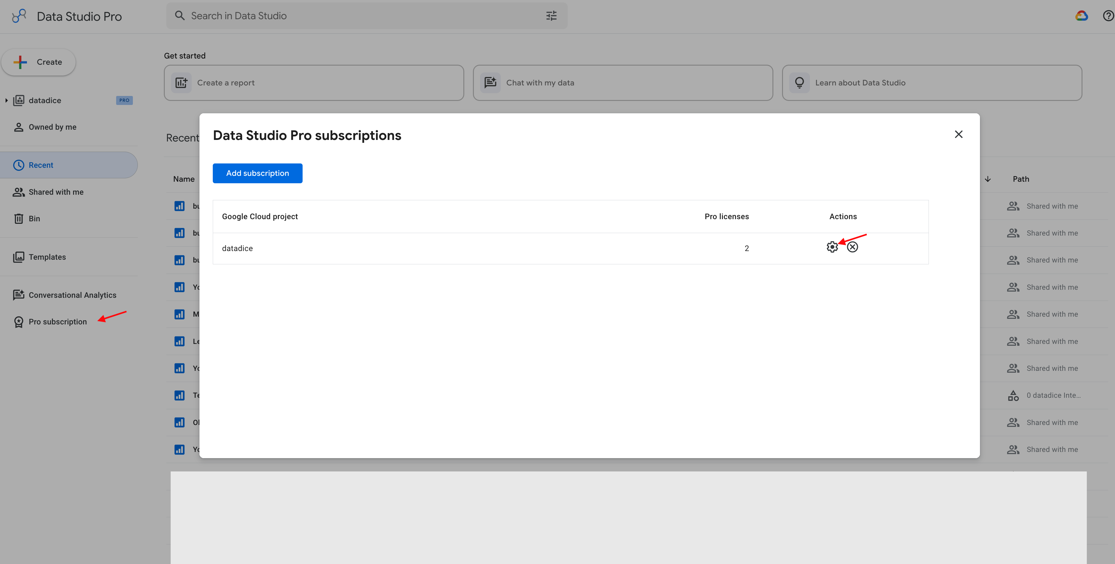 Access Pro subscription settings