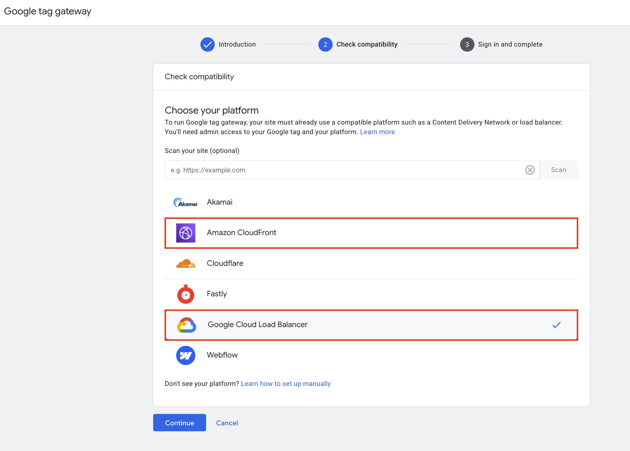 Platform selection for Google tag