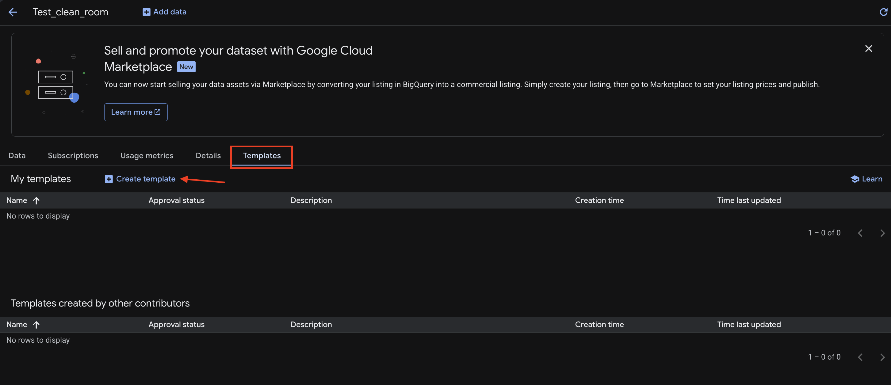 Create a template in BigQuery