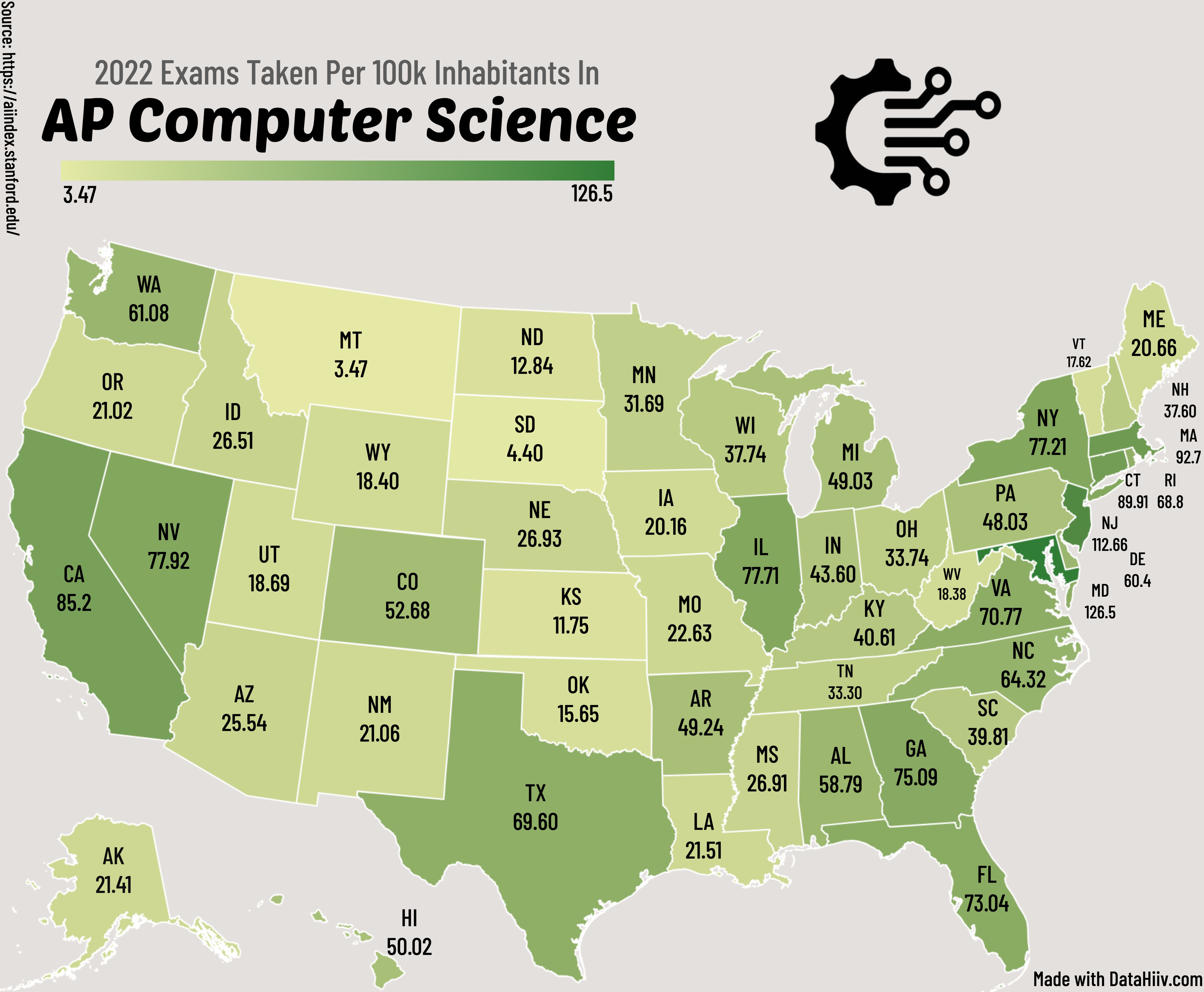 Number of AP Computer Science Exams Taken Per 100k Inhabitants in 2022