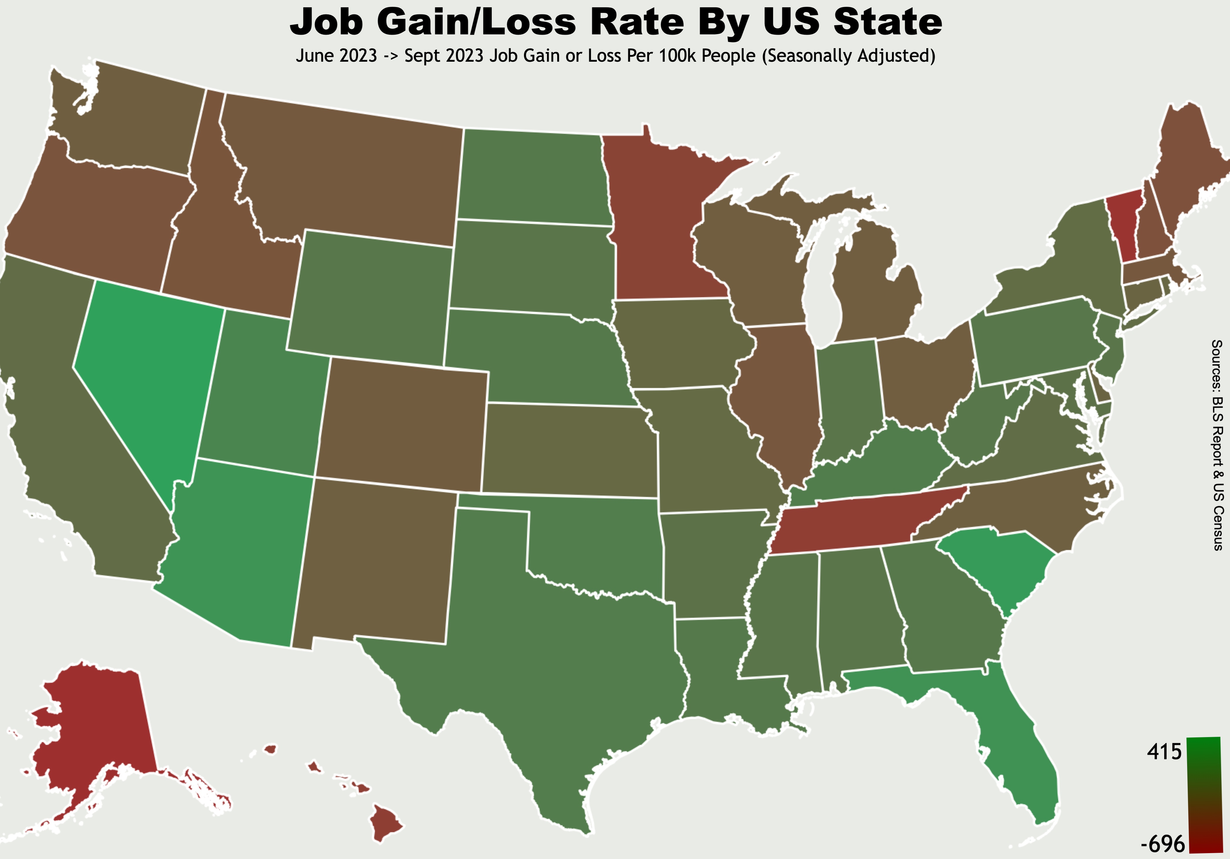 US States Job Gain or Loss From June 23 to Sept 23