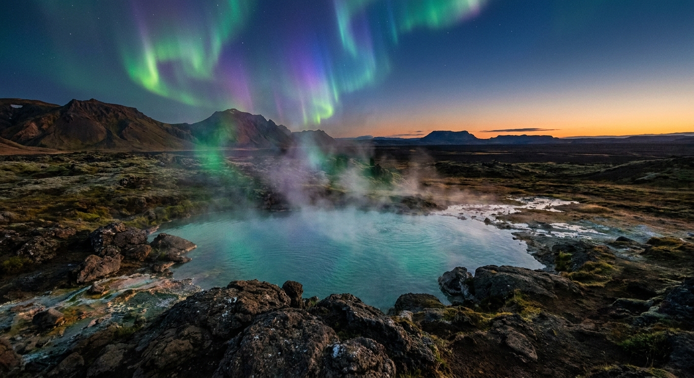 Aurora Borealis Over a Geothermal Spring: Iceland's Cosmic Dance & Midnight Sun Ritual