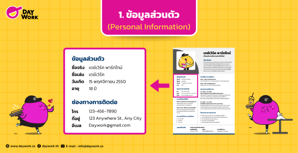 ตัวอย่างการเขียนข้อมูลส่วนตัว ในเรซูเม่พาร์ทไทม์
