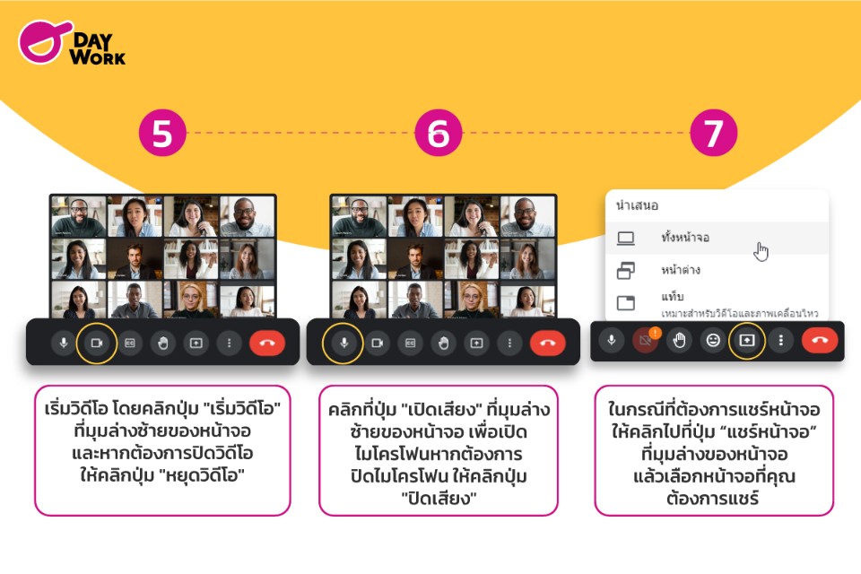 ขั้นการการใช้ google meet ขั้นตอนที่ 5 ถึง 7