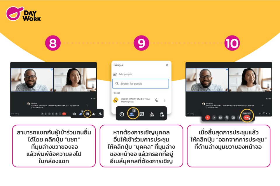 ขั้นการการใช้ google meet ขั้นตอนที่ 8 ถึง 10