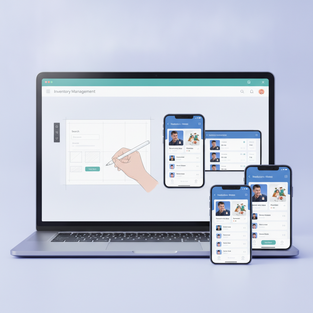A GetAppQuick app builder interface where a user sketches an inventory app and instantly previews the generated screens on phones and tablets
