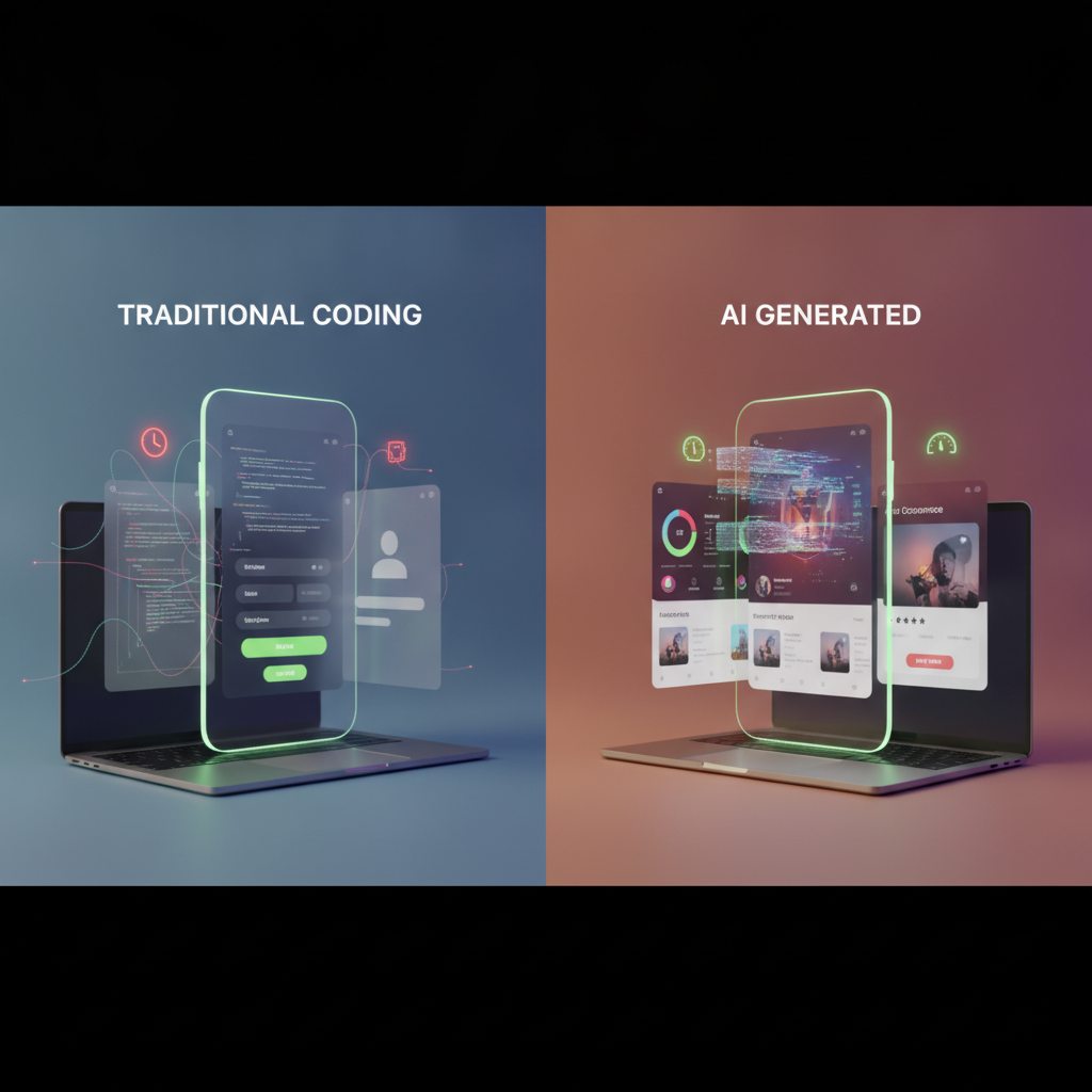 A visual comparison of traditional hand-coded app screens versus AI-generated app screens, showing speed and efficiency gains