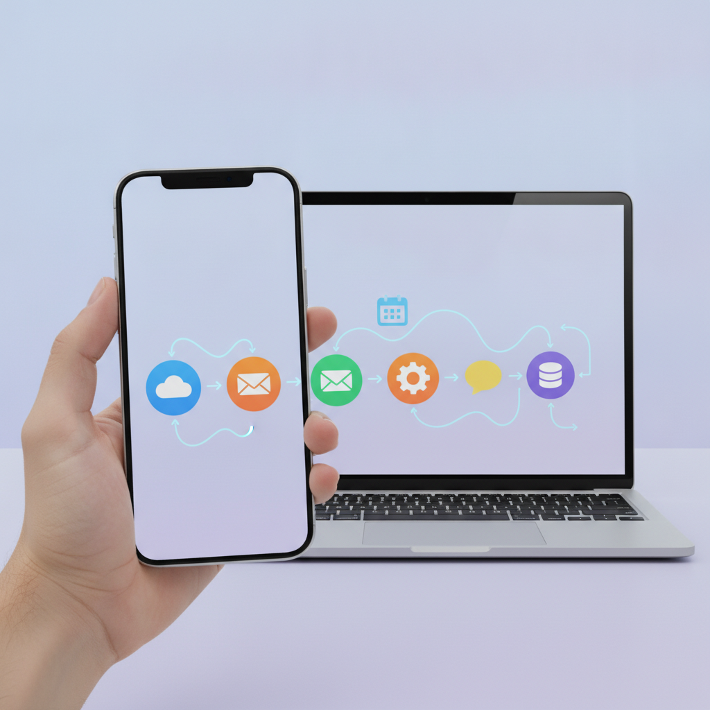 A user-friendly interface showcasing interconnected app icons with lines demonstrating data flow between them, representing a simplified workflow automation setup.