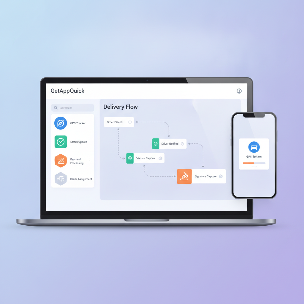 A GetAppQuick builder interface showing a drag-and-drop workflow for a delivery app, with components like GPS Tracker, Status Update, and Signature Capture being configured.
