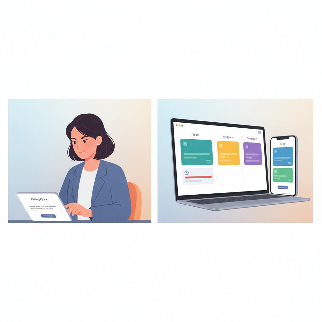 A founder enters a plain-language description in GetAppQuick and instantly previews a generated Kanban app UI for web and mobile.