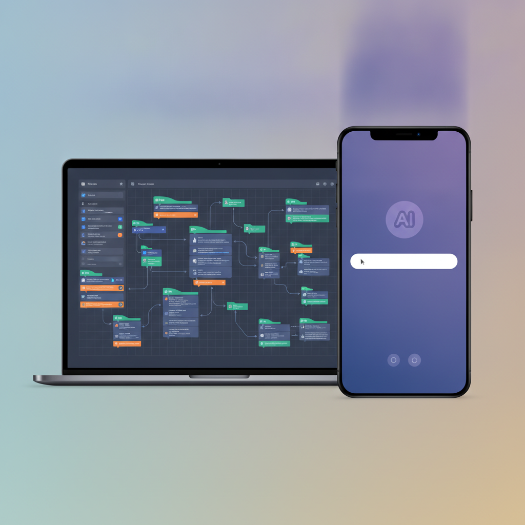 A side-by-side comparison of a visual no-code builder interface and a streamlined AI prompt box, highlighting the simplicity of the AI-first approach.